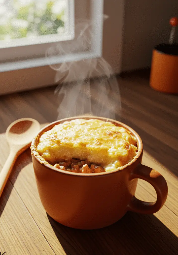 Finished shepherd's pie in a mug with golden potato topping and steam