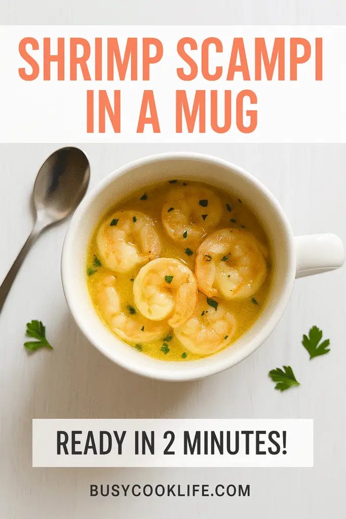 Shrimp Scampi in a Mug Pinterest pin with text overlay showing 2-minute recipe instructions