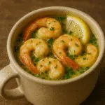 Shrimp Scampi in a Mug recipe showing golden shrimp in creamy garlic butter sauce with fresh parsley garnish