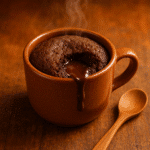 Single-serve chocolate lava mug cake with molten center in ceramic mug