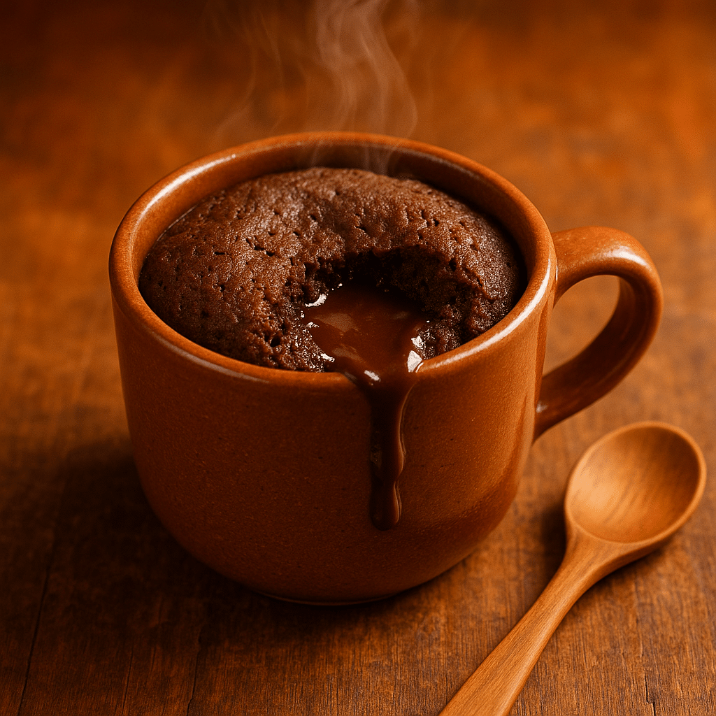 Single-serve chocolate lava mug cake with molten center in ceramic mug
