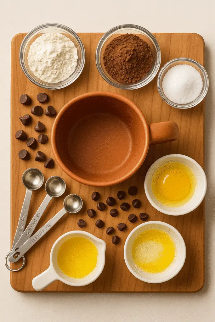 Ingredients for single-serve chocolate lava mug cake recipe laid out on counter