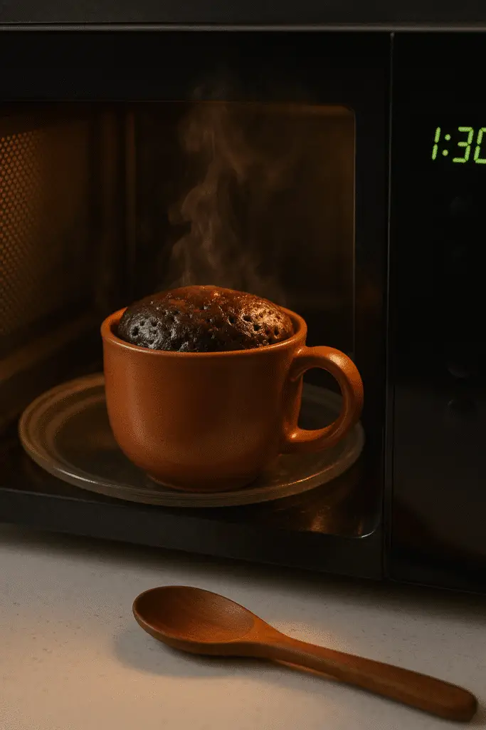 Chocolate lava mug cake cooking in microwave for 90 seconds
