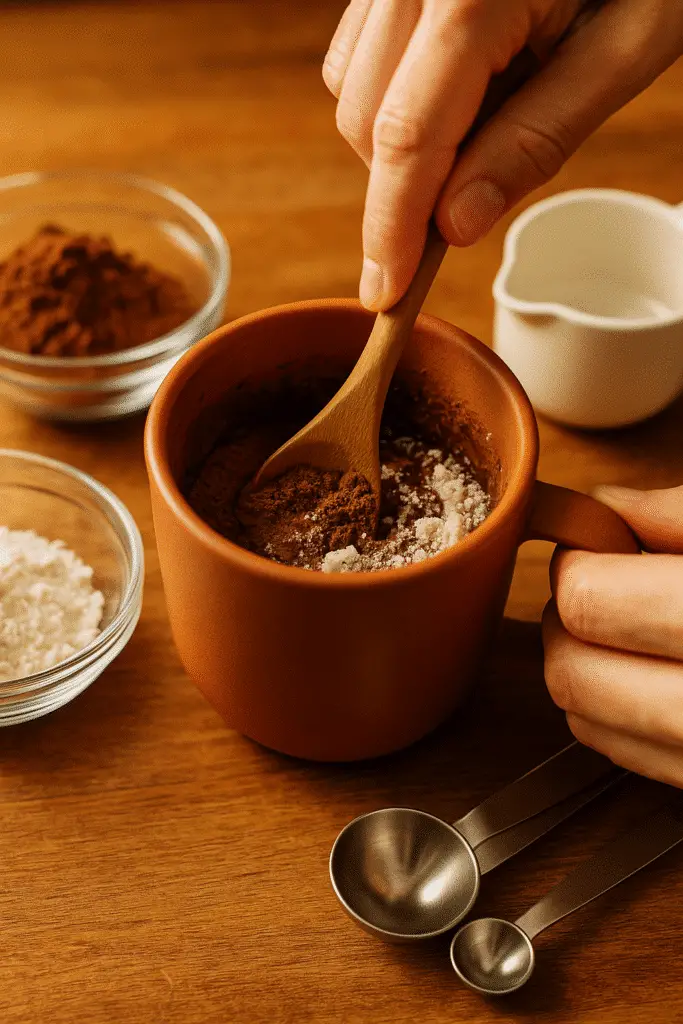Mixing chocolate lava mug cake batter with wooden spoon in ceramic mug