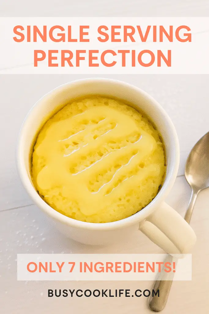 Single serving lemon drizzle mug cake featuring BusyCookLife's 7-ingredient microwave recipe