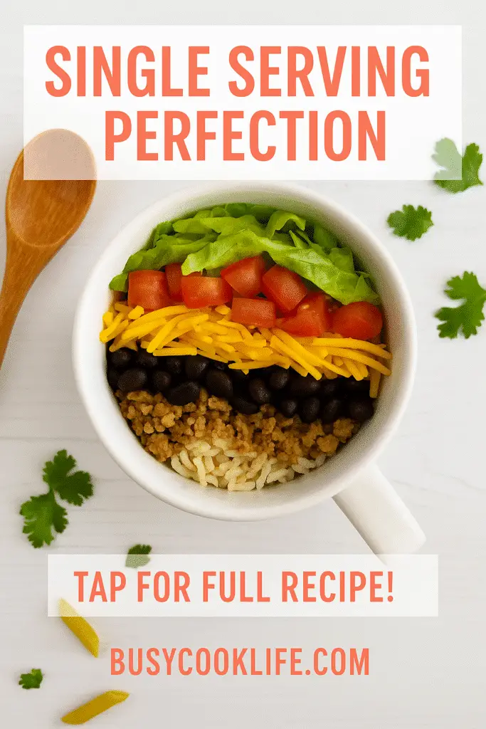 Single Serving Perfection - Taco Bowl in a Mug recipe card from BusyCookLife.com