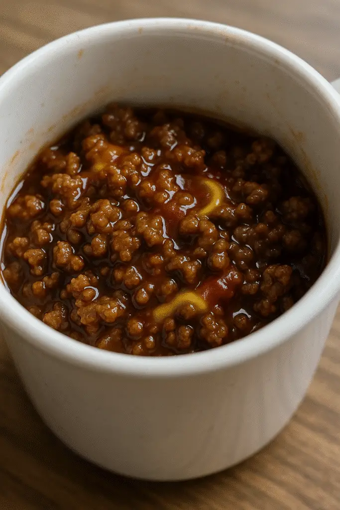 Vertical Pinterest pin showing Sloppy Joe in a Mug recipe from BusyCookLife with cooking time overlay