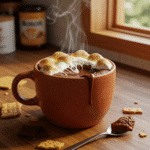 S'mores Mug Cake finished dessert in terracotta ceramic mug with melted marshmallows