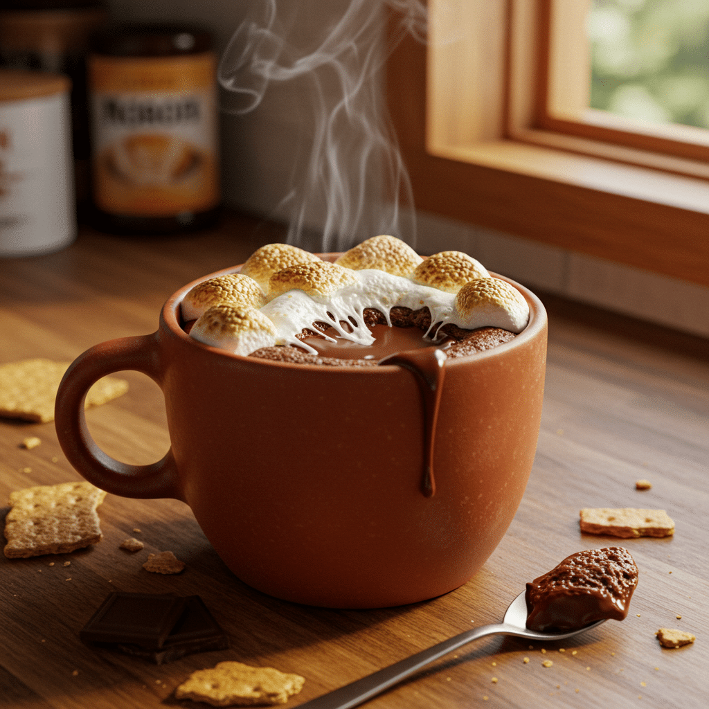 S'mores Mug Cake finished dessert in terracotta ceramic mug with melted marshmallows