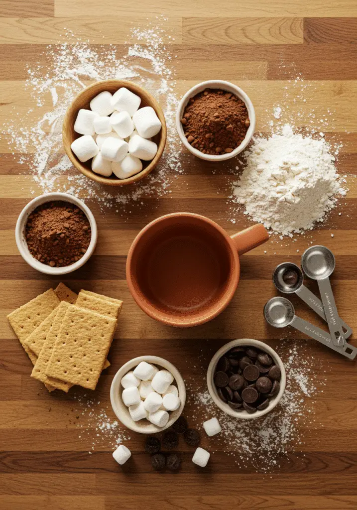 S'mores Mug Cake ingredients arranged overhead with marshmallows chocolate and graham crackers