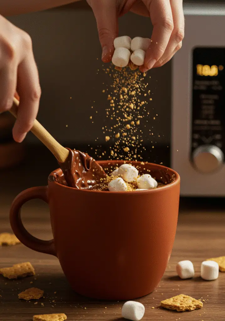 S'mores Mug Cake mixing process showing chocolate batter and marshmallows being combined