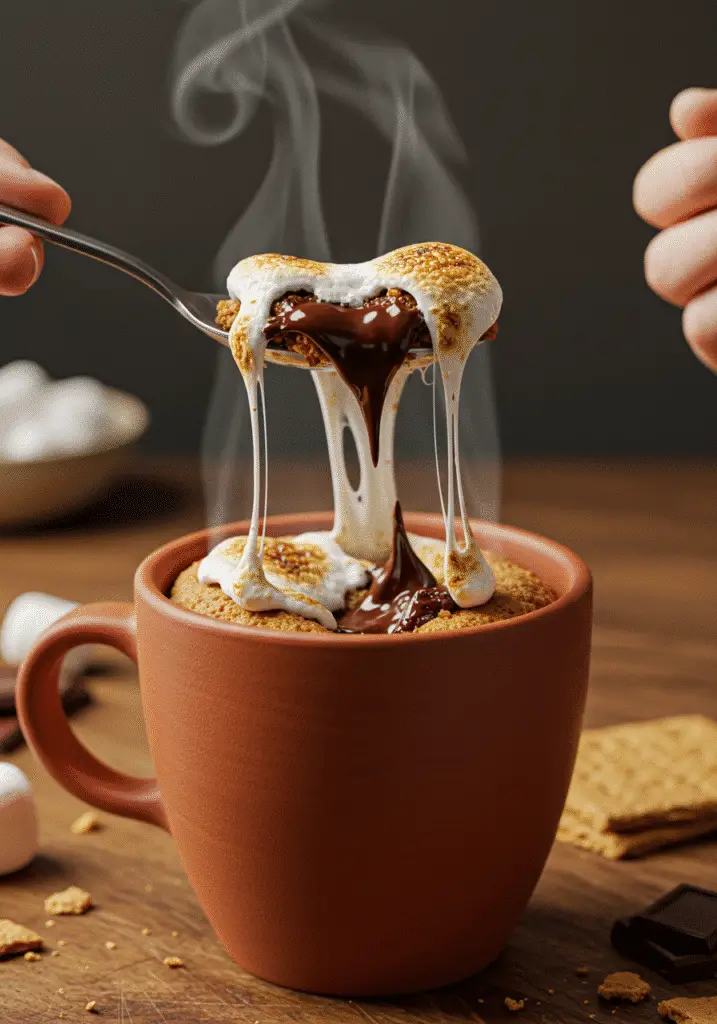 S'mores Mug Cake serving spoonful showing gooey melted marshmallow and chocolate center