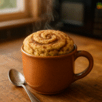 Snickerdoodle swirl mug cake finished dessert in terracotta ceramic mug