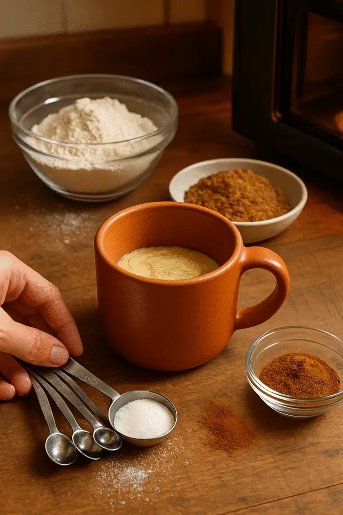 Snickerdoodle mug cake ingredients arranged with terracotta mug and measuring tools