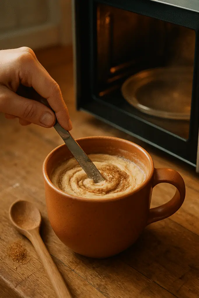 Snickerdoodle mug cake batter mixing process showing cinnamon swirl creation