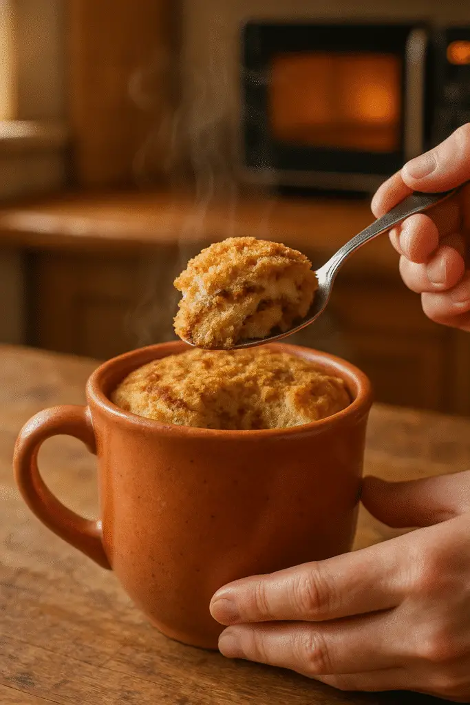 Snickerdoodle swirl mug cake being served with spoon showing fluffy texture