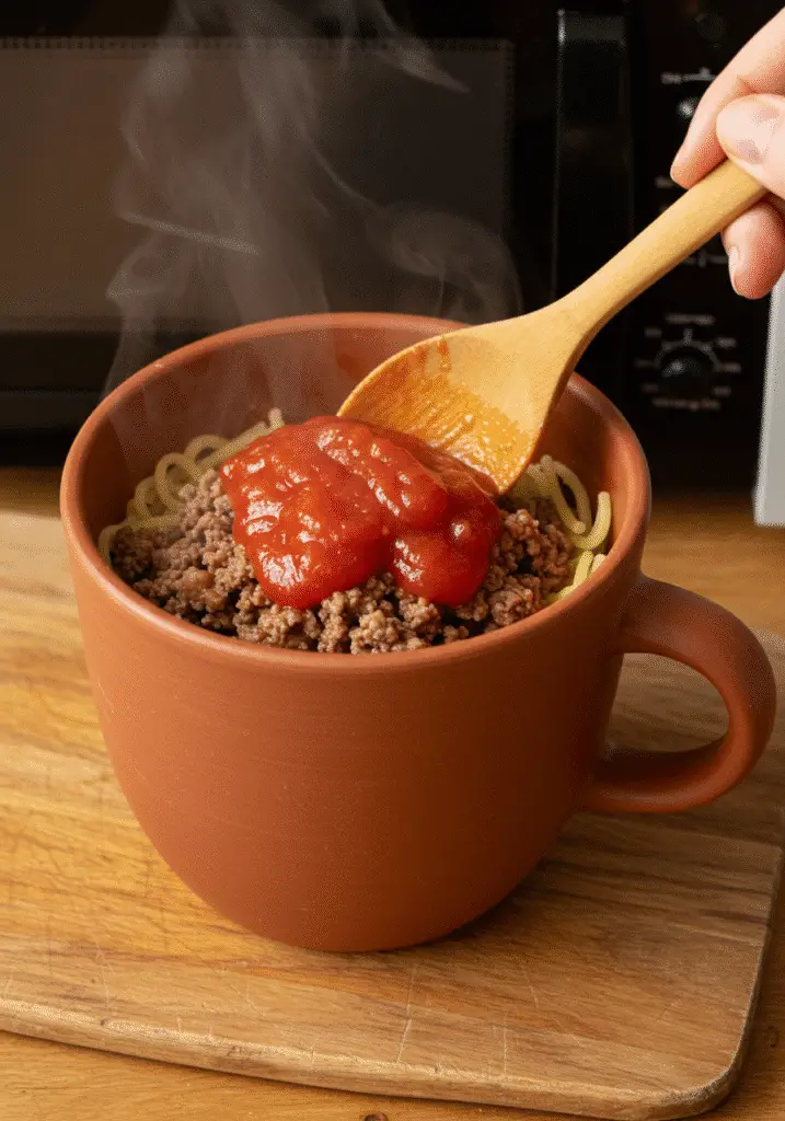 Step-by-step spaghetti bolognese mug preparation showing layering technique