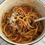 Spaghetti Bolognese in a mug served in terracotta ceramic mug with melted cheese
