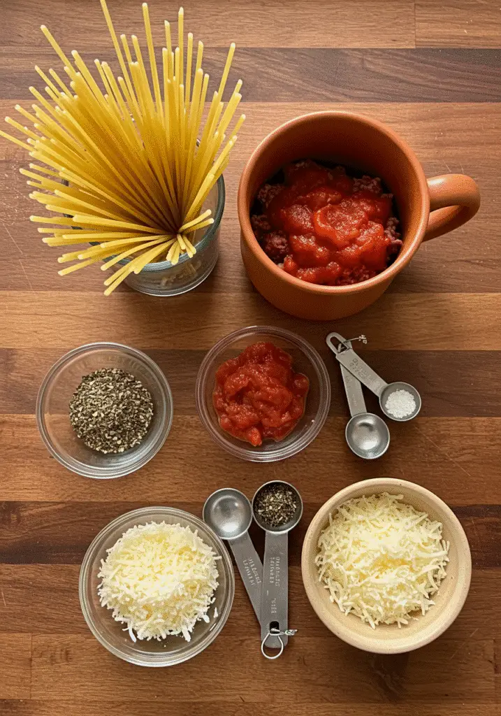 Spaghetti Bolognese mug recipe ingredients laid out for microwave cooking