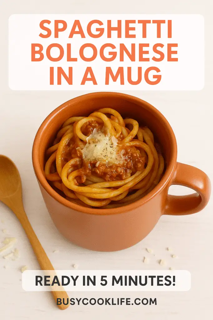 5-minute Spaghetti Bolognese in a mug Pinterest recipe pin