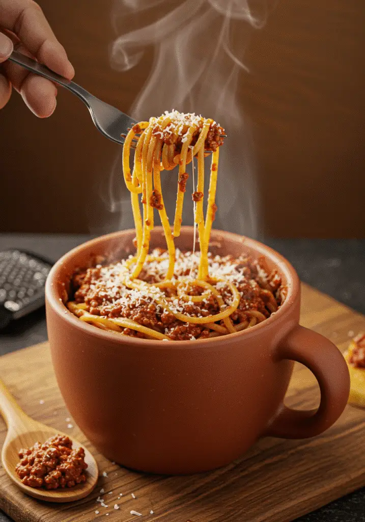 Taking first bite of microwave spaghetti bolognese from ceramic mug