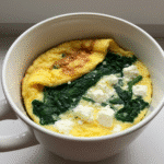 Spinach feta omelet in a mug served hot with steam rising