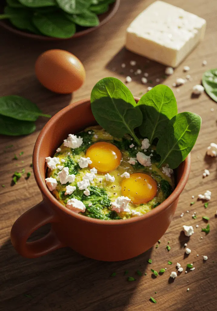 Fresh ingredients for spinach feta omelet in a mug laid out on kitchen counter