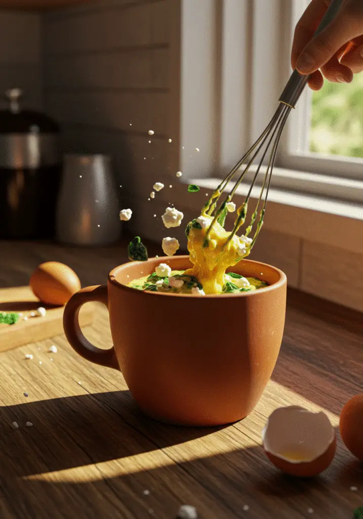 Mixing spinach feta omelet ingredients in ceramic mug with wooden spoon