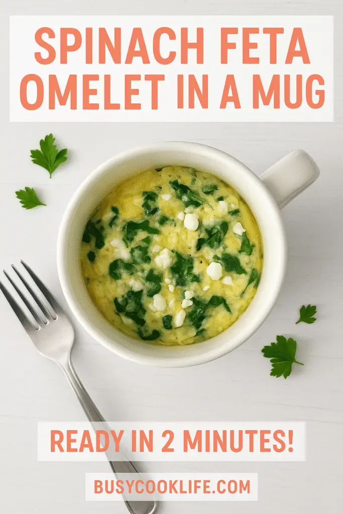 Pinterest pin for 2-minute spinach feta omelet in a mug recipe