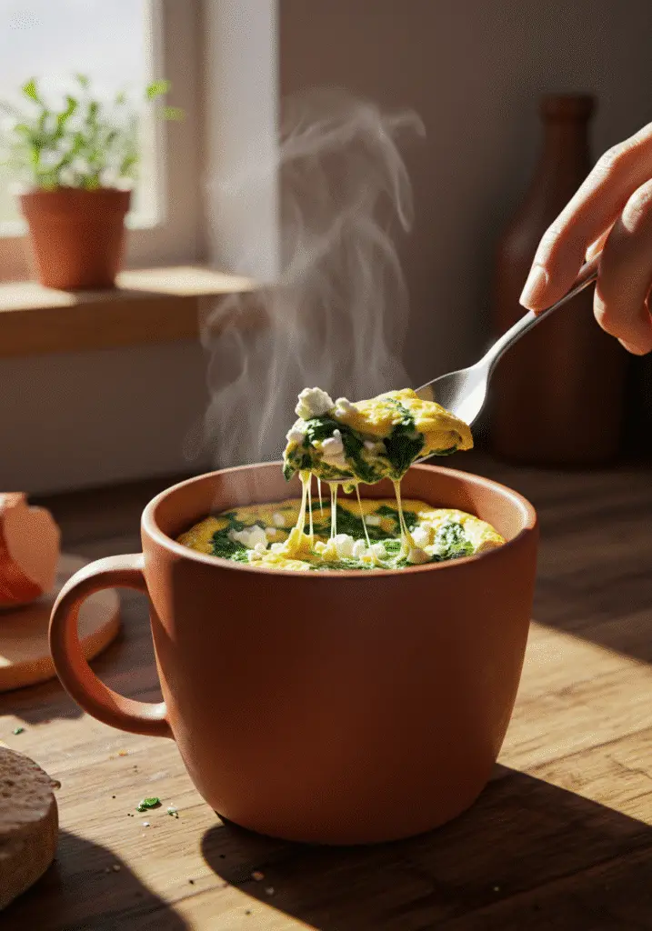 Taking first bite of fluffy spinach feta omelet in a mug with fork