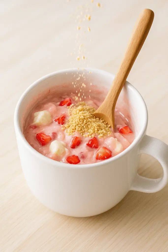 Adding cream cheese and strawberries to Strawberry Shortcake Mix-In Mug Cake batter