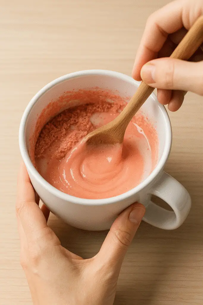 Mixing strawberry cake mix batter in mug for Strawberry Shortcake Mix-In Mug Cake