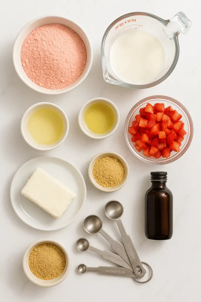Strawberry Shortcake Mix-In Mug Cake ingredients laid out for baking