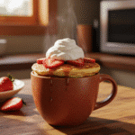 Strawberry shortcake mug pancake in terracotta mug topped with whipped cream and fresh strawberries