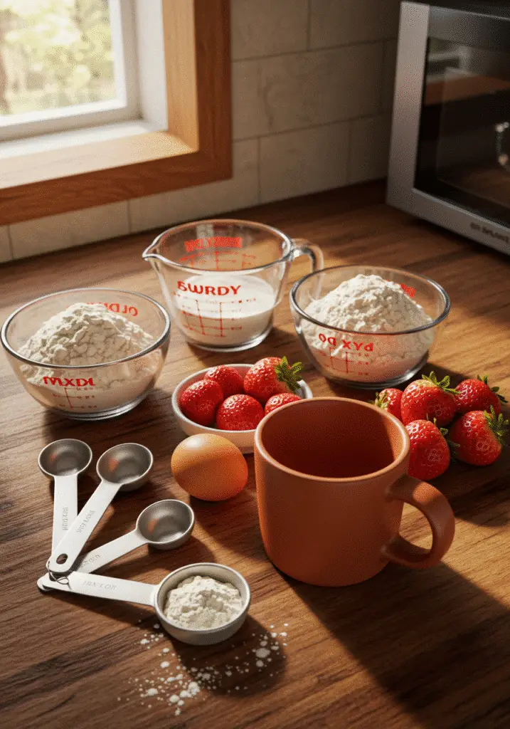 Strawberry shortcake mug pancake ingredients arranged on wood counter with measuring tools