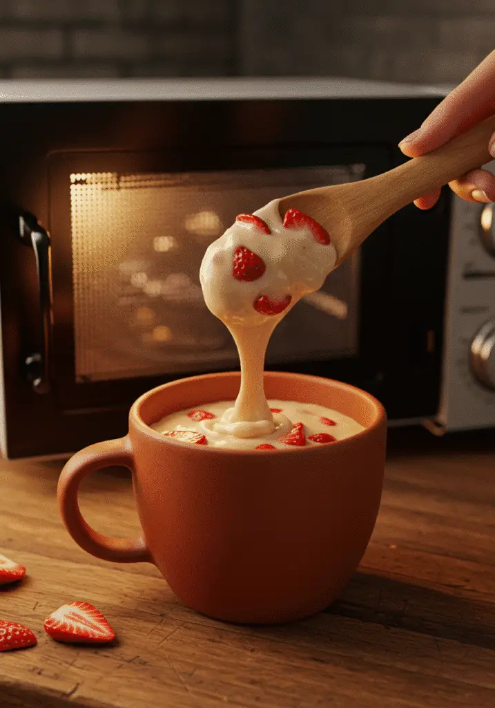 Mixing strawberry shortcake mug pancake batter in terracotta mug with wooden spoon