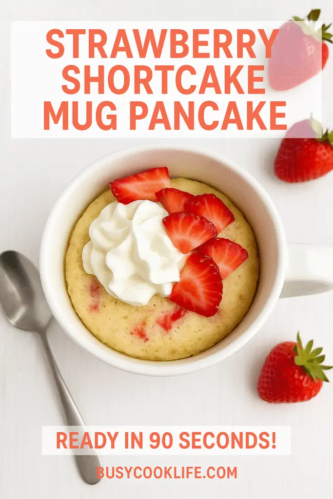 Vertical Pinterest pin of strawberry shortcake mug pancake ready for social sharing