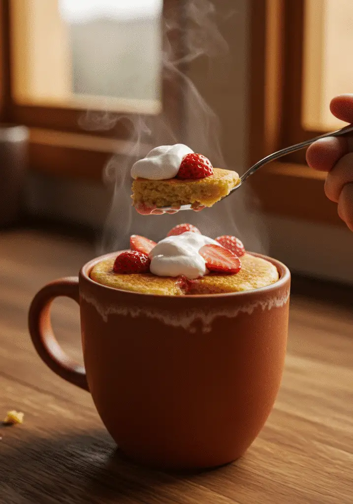 Spoonful of fluffy strawberry shortcake mug pancake with whipped cream and strawberries