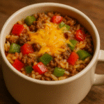 Stuffed pepper rice mug recipe ready in 5 minutes with melted cheese and colorful peppers