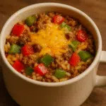 Stuffed pepper rice mug recipe ready in 5 minutes with melted cheese and colorful peppers