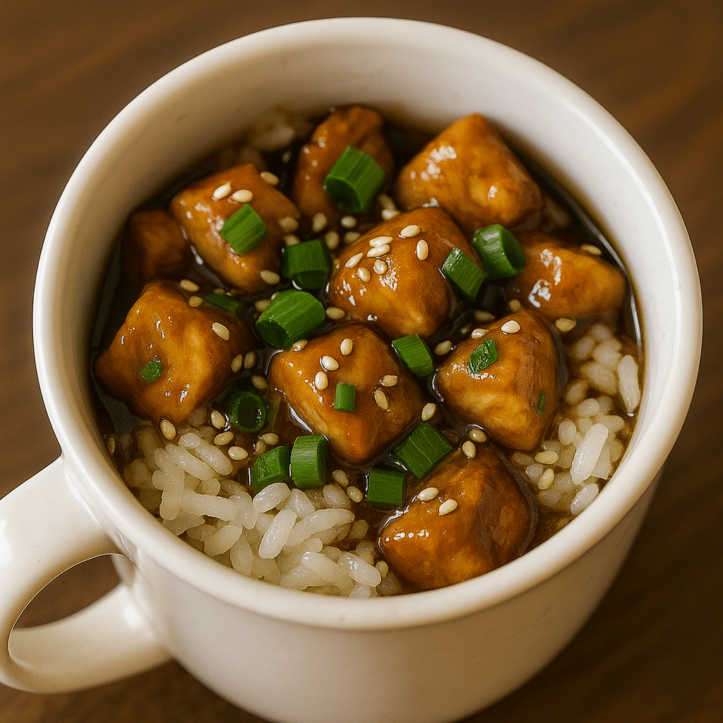 Easy teriyaki chicken mug recipe with rice and green onions - tested by BusyCookLife