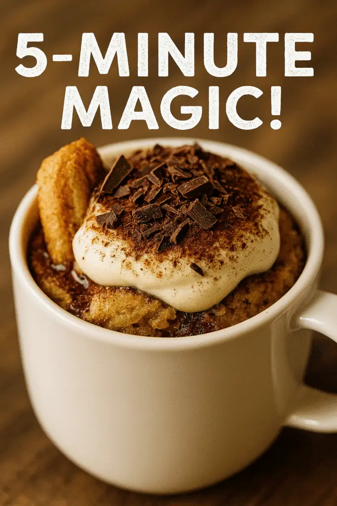 Tiramisu mug recipe with 5-minute magic overlay text, featuring layered mascarpone dessert perfect for busy home cooks