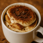 Tiramisu in a mug with layered mascarpone and coffee-soaked ladyfingers, topped with cocoa powder for authentic Italian dessert experience