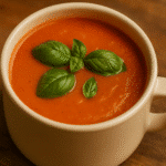 Tomato basil soup in white ceramic mug with fresh basil garnish - trusted BusyCookLife recipe
