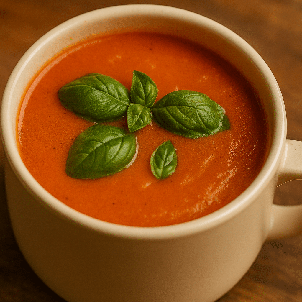 Tomato basil soup in white ceramic mug with fresh basil garnish - trusted BusyCookLife recipe