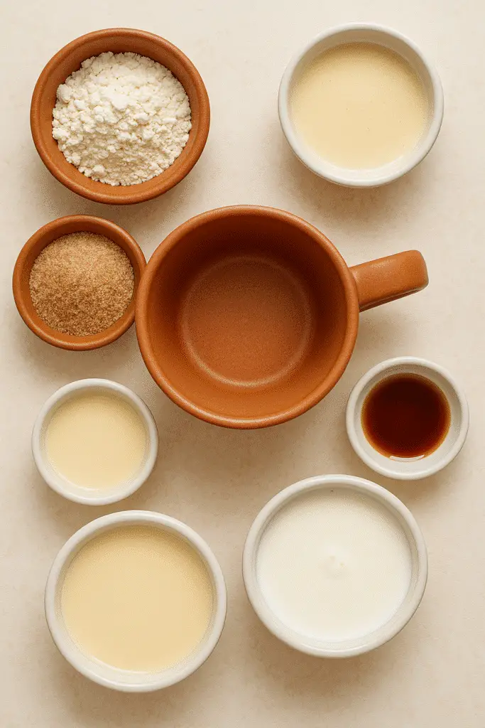 Tres leches mug cake ingredients laid out including cinnamon sugar and three milk types