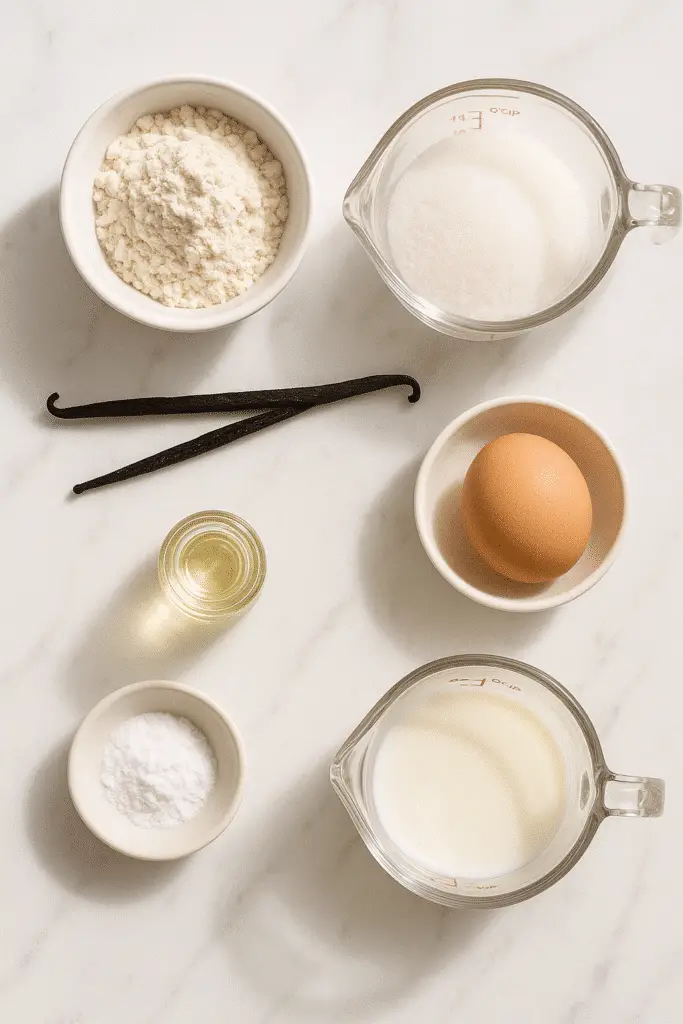 Vanilla bean mug cake ingredients laid out including flour, sugar, vanilla bean, egg and milk