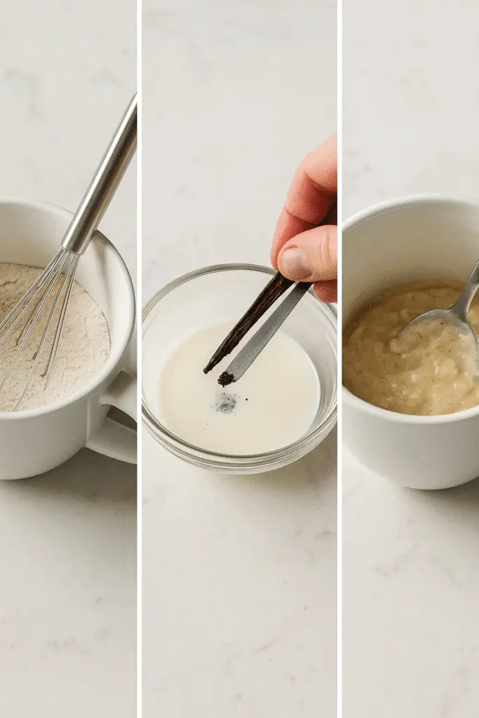 Step by step process showing how to make vanilla bean mug cake in microwave