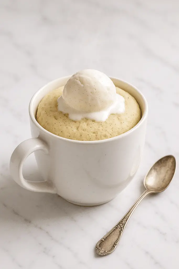 Finished vanilla bean mug cake served with ice cream showing moist texture