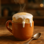 Vanilla donut mug cake with white glaze in terracotta ceramic mug